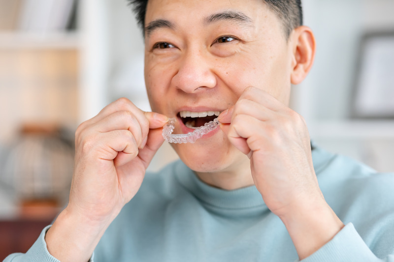 Patient smiling while putting in Invisalign